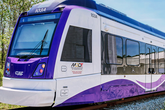 Maryland's Purple Line Light Rail Vehicles Begin Dynamic Testing on Glenridge Track