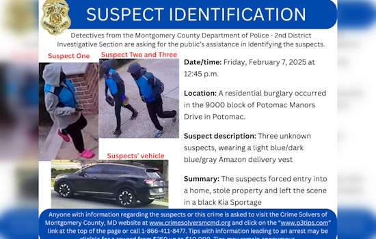 Montgomery County Police Offer $10,000 Reward for Tips on Potomac Manors Drive Burglary