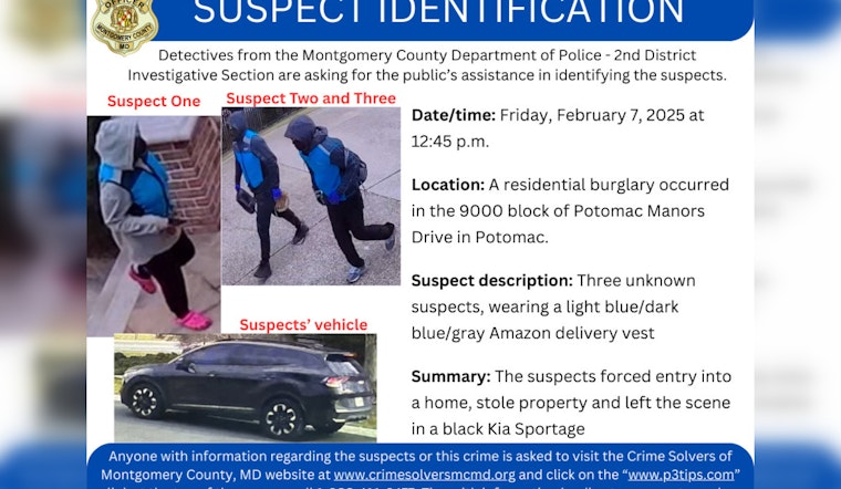 Montgomery County Police Offer $10,000 Reward for Tips on Potomac Manors Drive Burglary