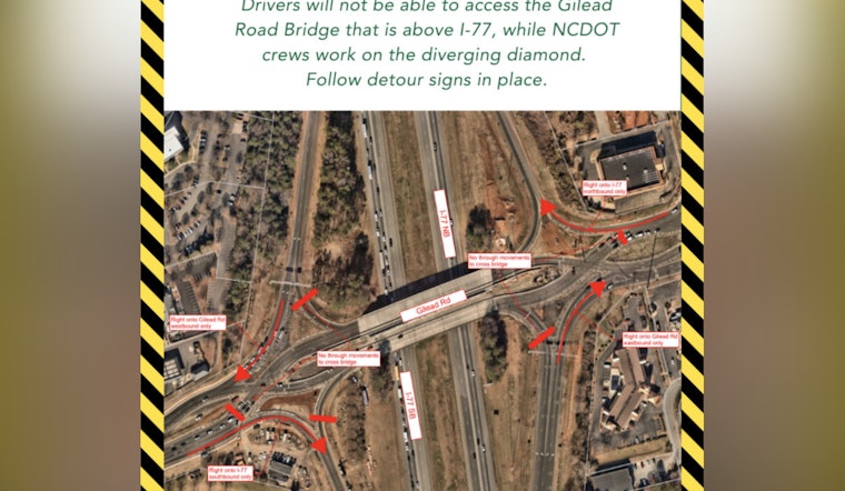 Weekend Alert as Gilead Road Bridge Over I-77 in Huntersville Closes for Diverging Diamond Interchange Work
