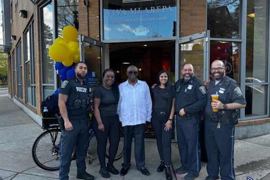 Boston Police Foster Community Ties at Grand Opening of Viva Mi Arepa in Jamaica Plain