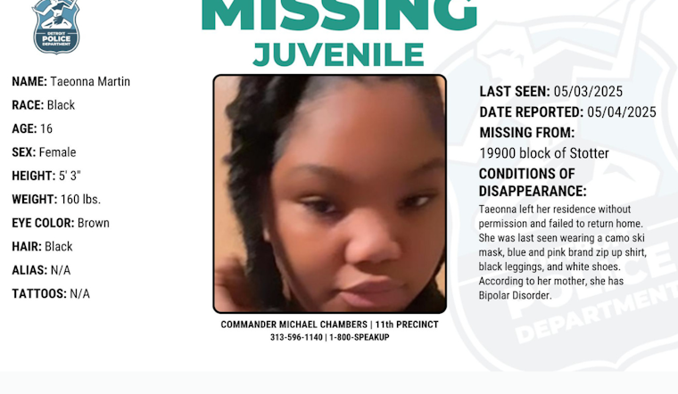 Detroit Police Urge Public to Aid in Search for Missing 16-Year-Old Taeonna Martin