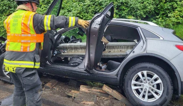 Driver Survives as Guardrail Impales Car on Everett Freeway