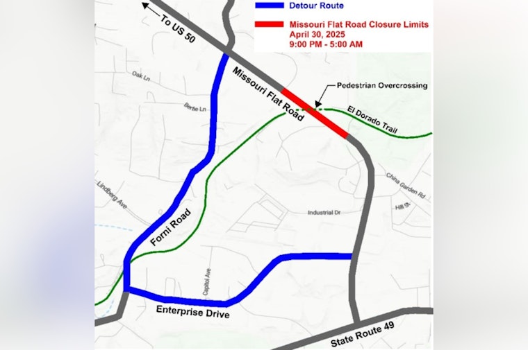 El Dorado County Announces Overnight Closure of Missouri Flat Road on May 8 for Pedestrian Overcrossing Project