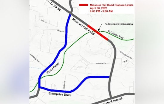 El Dorado County Announces Overnight Closure of Missouri Flat Road on May 8 for Pedestrian Overcrossing Project