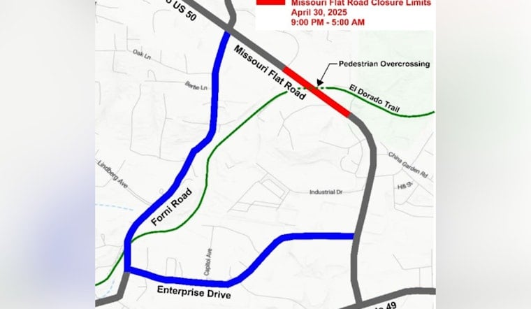 El Dorado County Announces Overnight Closure of Missouri Flat Road on May 8 for Pedestrian Overcrossing Project