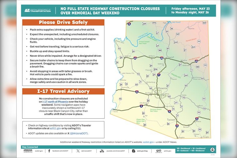 No Scheduled Highway Closures in Arizona During Memorial Day Weekend, ADOT Says