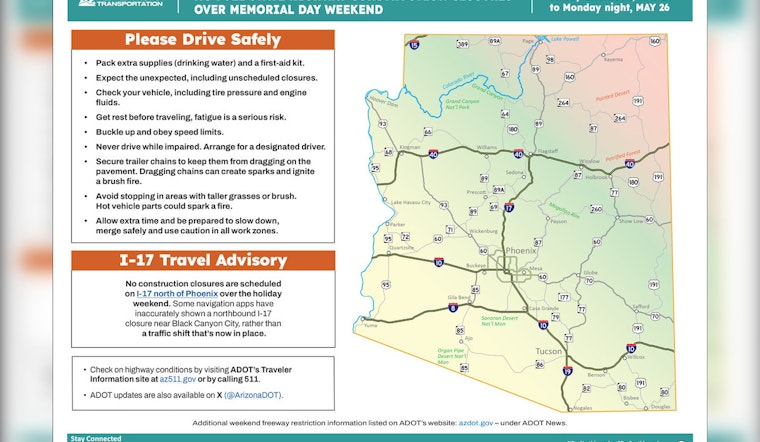 No Scheduled Highway Closures in Arizona During Memorial Day Weekend, ADOT Says