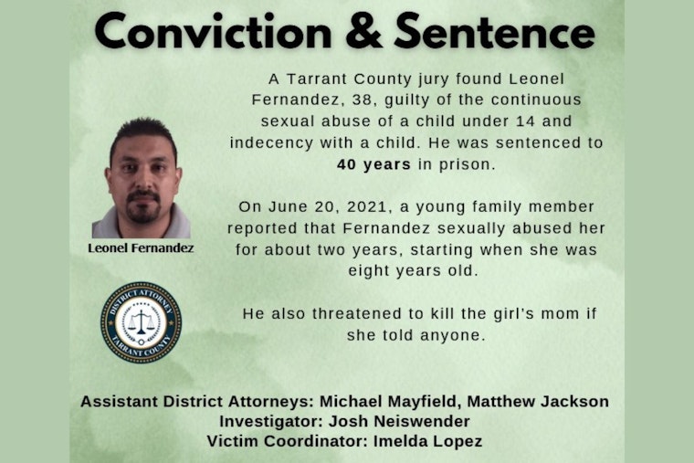 Tarrant County Court Sentences Leonel Fernandez to 40 Years for Child Sexual Abuse