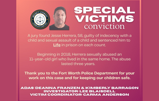 Tarrant County Man Sentenced to Life for Child Sexual Abuse