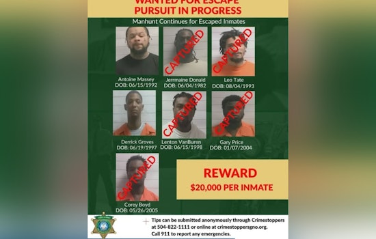 Three Escapees Recaptured in New Orleans, Two Remain At Large with $20,000 Reward Offered for Information