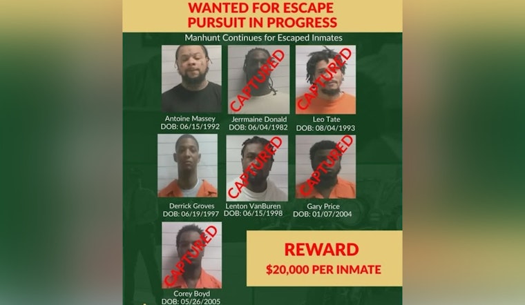 Three Escapees Recaptured in New Orleans, Two Remain At Large with $20,000 Reward Offered for Information