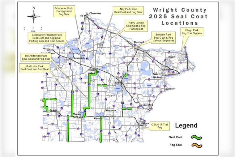 Wright County Announces Seal Coating on 42 Miles of Highways Starting May 28; Delays Expected