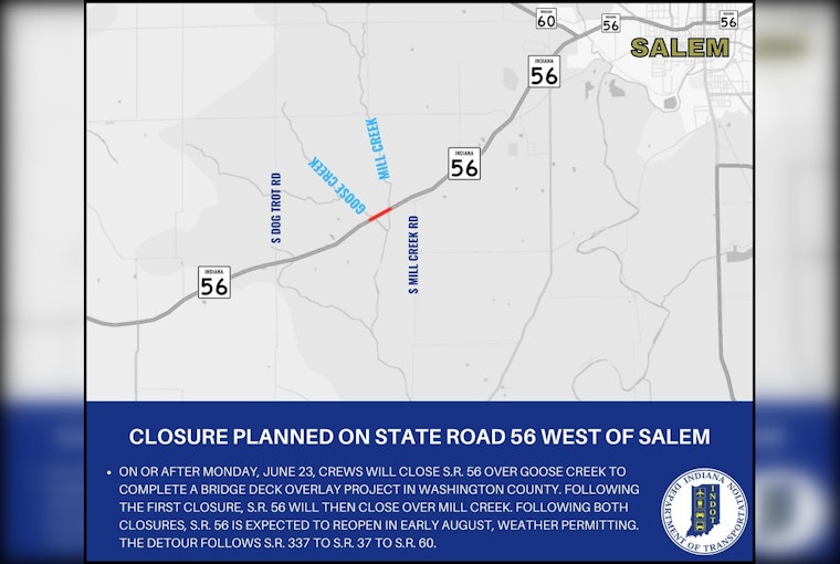 Bridge Maintenance in Washington County to Prompt Detours on SR 56 Starting June 23, INDOT Warns