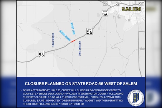 Bridge Maintenance in Washington County to Prompt Detours on SR 56 Starting June 23, INDOT Warns