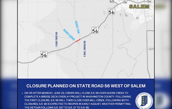 Bridge Maintenance in Washington County to Prompt Detours on SR 56 Starting June 23, INDOT Warns