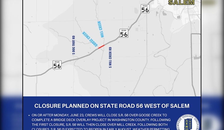 Bridge Maintenance in Washington County to Prompt Detours on SR 56 Starting June 23, INDOT Warns
