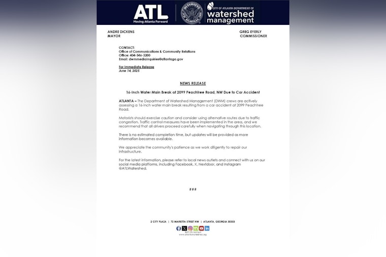 Buckhead Water Main Break from Car Crash Disrupts Service, Affects Local Hospital and Residents
