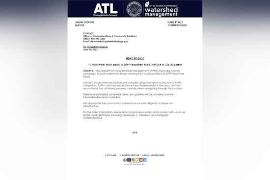 Buckhead Water Main Break from Car Crash Disrupts Service, Affects Local Hospital and Residents