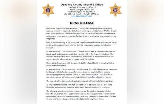 Cedarburg Standoff Ends Peacefully After Tactical Operation at The Hamilton and Road Closures Lifted