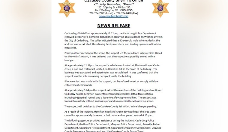 Cedarburg Standoff Ends Peacefully After Tactical Operation at The Hamilton and Road Closures Lifted
