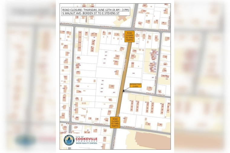 Cookeville's South Walnut Avenue Closed for Water and Sewer Repairs Thursday