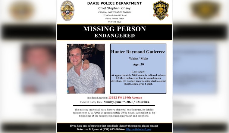 Davie Police on the Hunt for Missing 30-Year-Old Man with Mental Health Issues