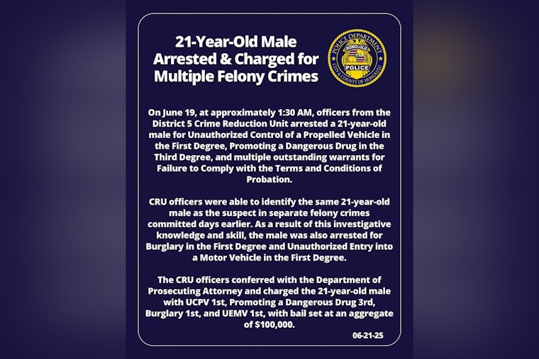 Honolulu Police Arrest 21-Year-Old on Multiple Felony Charges, Including Burglary and Drug Promotion