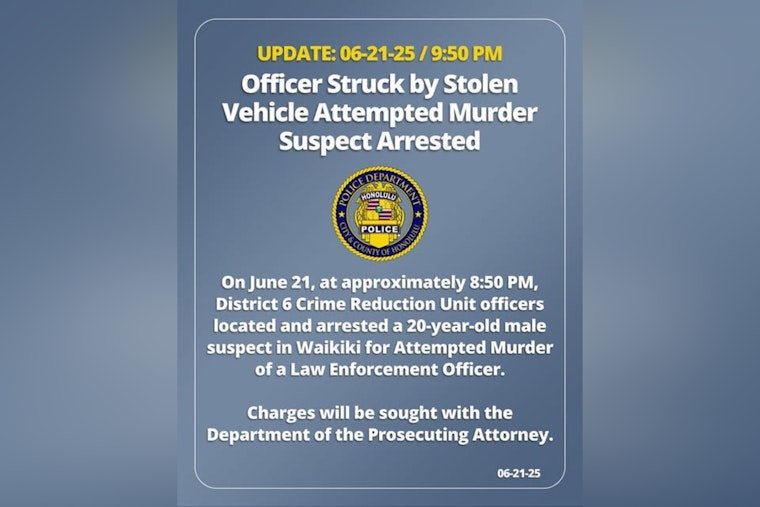 Honolulu Police Officer Escapes Injury During Encounter with Suspect in Stolen Vehicle as 20-Year-Old Arrested for Attempted Murder in Waikiki