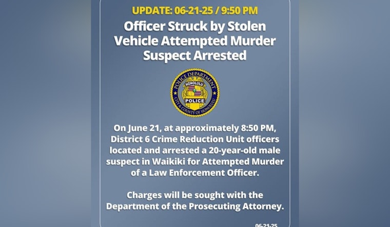 Honolulu Police Officer Escapes Injury During Encounter with Suspect in Stolen Vehicle as 20-Year-Old Arrested for Attempted Murder in Waikiki