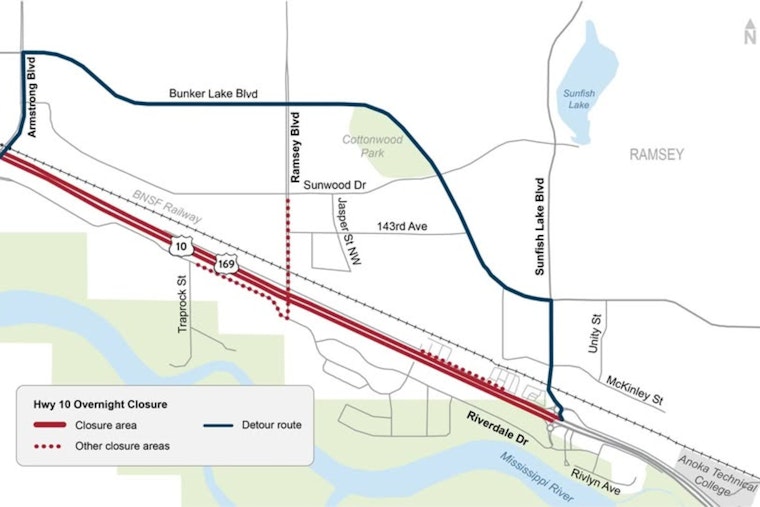 Hwy 10 in Ramsey to Close Overnight for Bridge Construction, Detour via Bunker Lake Blvd