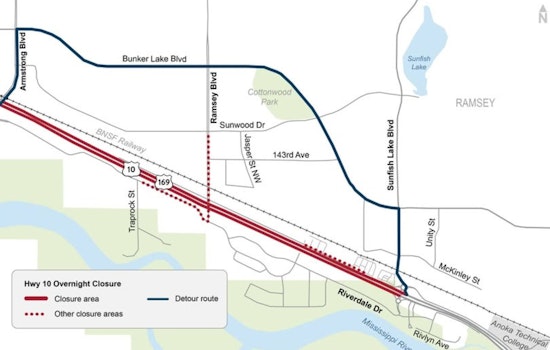 Hwy 10 in Ramsey to Close Overnight for Bridge Construction, Detour via Bunker Lake Blvd