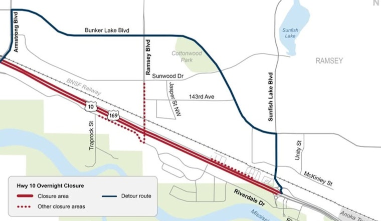 Hwy 10 in Ramsey to Close Overnight for Bridge Construction, Detour via Bunker Lake Blvd