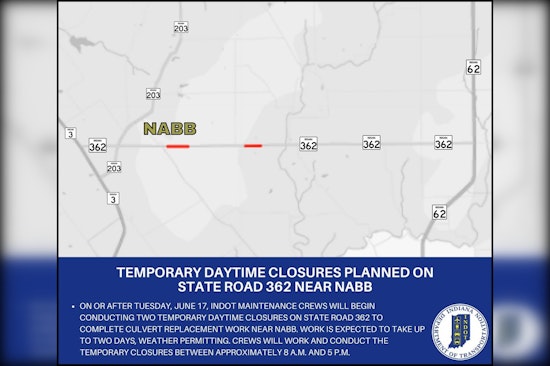 INDOT Announces Daytime Closures on S.R. 362 Near Nabb for Culvert Replacement Work
