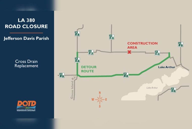 LA 380 Road Closure for Cross-Drain Replacement Project in Jefferson Davis Parish