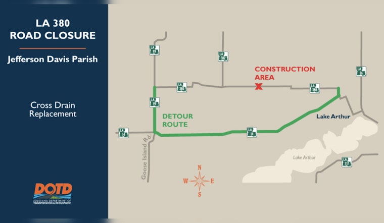 LA 380 Road Closure for Cross-Drain Replacement Project in Jefferson Davis Parish