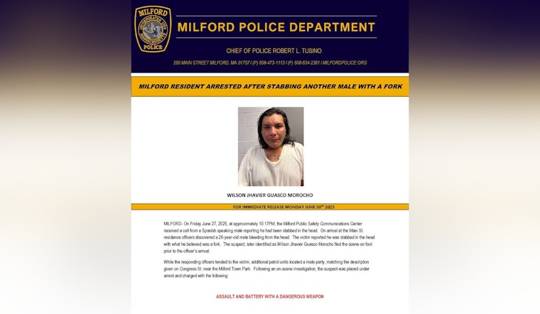 Milford Man Charged with Assault After Allegedly Using Fork as Weapon in Main St. Altercation