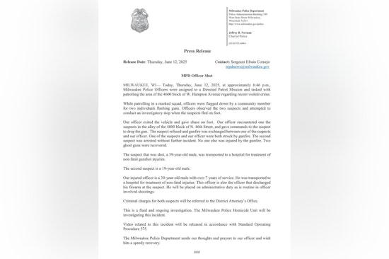 Milwaukee Officer Wounded, Suspect Injured in Exchange of Gunfire During Foot Chase