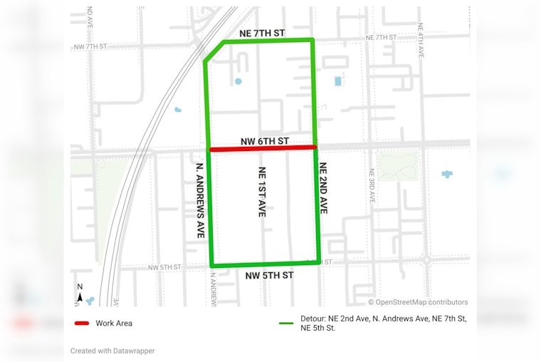 Upcoming Road Closure at NE 1st Avenue and NE 6th Street in Fort Lauderdale for Road Restoration Work
