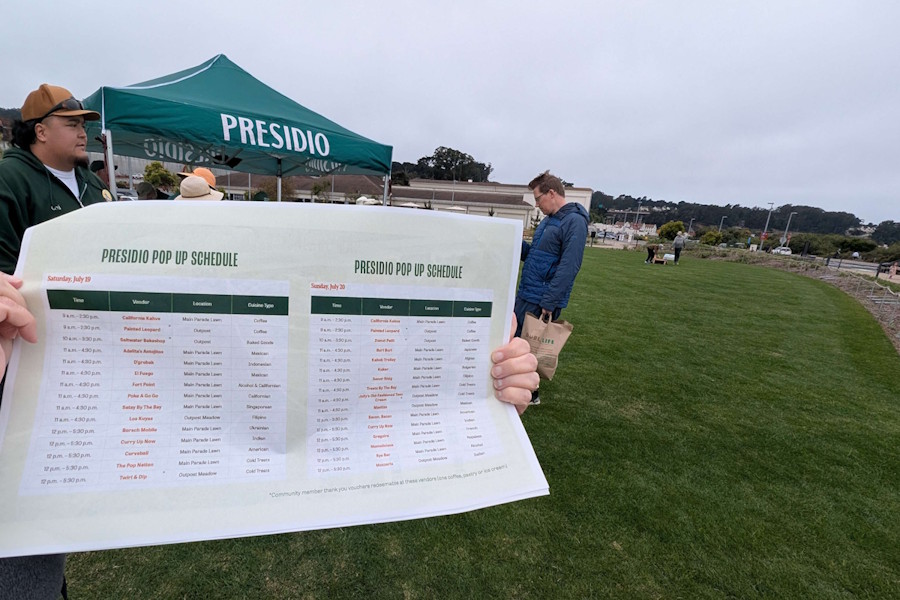 Presidio Pop Up Schedule posted at the new meadow location
