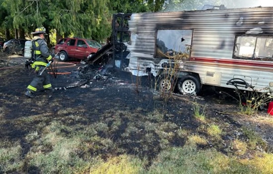 Clackamas Fire Department Quells Travel Trailer Blaze in Sandy; Urges Public Caution Amid Dry Conditions
