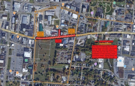 Cookeville Announces Nighttime Road Closures on East Spring Street for Utility Upgrades July 28-30
