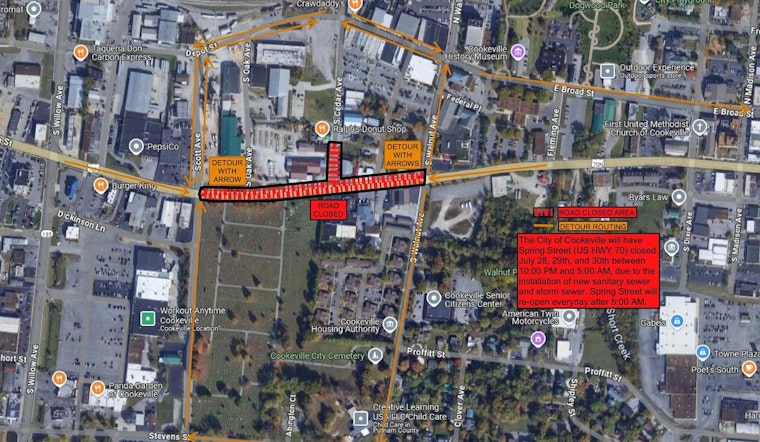 Cookeville Announces Nighttime Road Closures on East Spring Street for Utility Upgrades July 28-30