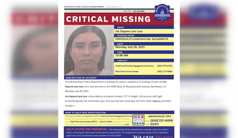 DC Police Issue Alert for Missing 15-Year-Old Isis Dayana Lara Lara, Public Assistance Sought