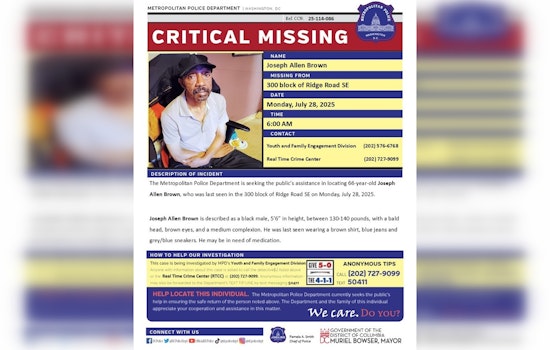 DC Police Issue Critical Alert for Missing 66-Year-Old Joseph Brown, Last Seen in Southeast Washington