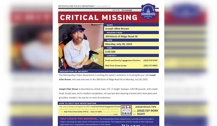 DC Police Issue Critical Alert for Missing 66-Year-Old Joseph Brown, Last Seen in Southeast Washington