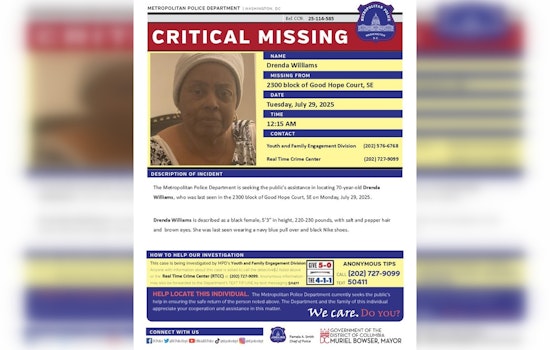 DC Police Seek Public's Help to Locate 70-Year-Old Drenda Williams Missing Since Monday