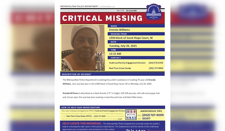 DC Police Seek Public's Help to Locate 70-Year-Old Drenda Williams Missing Since Monday