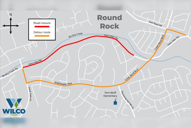 Evening Road Closures on Hairy Man Road in Round Rock for Bridge Construction, July 21-25