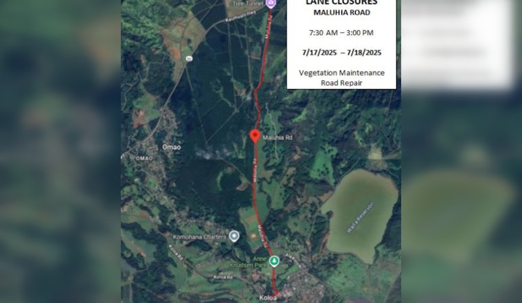 Extended Road Repairs on Maluhia Road Prompt Lane Closures and Traffic Delays Through July 25